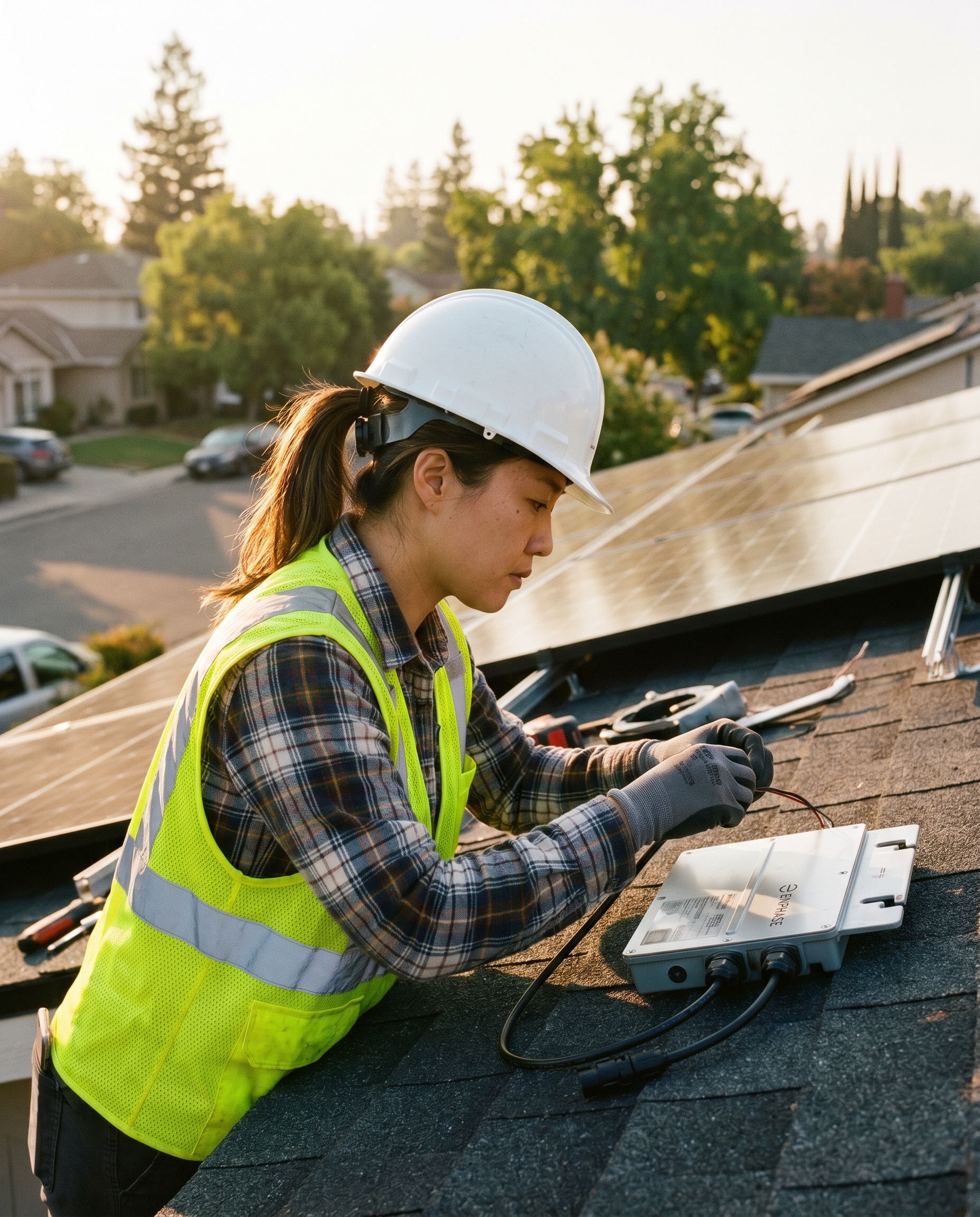 Hana Park on a GAF Timberline Solar installation working with an Enphase microinverter detail.