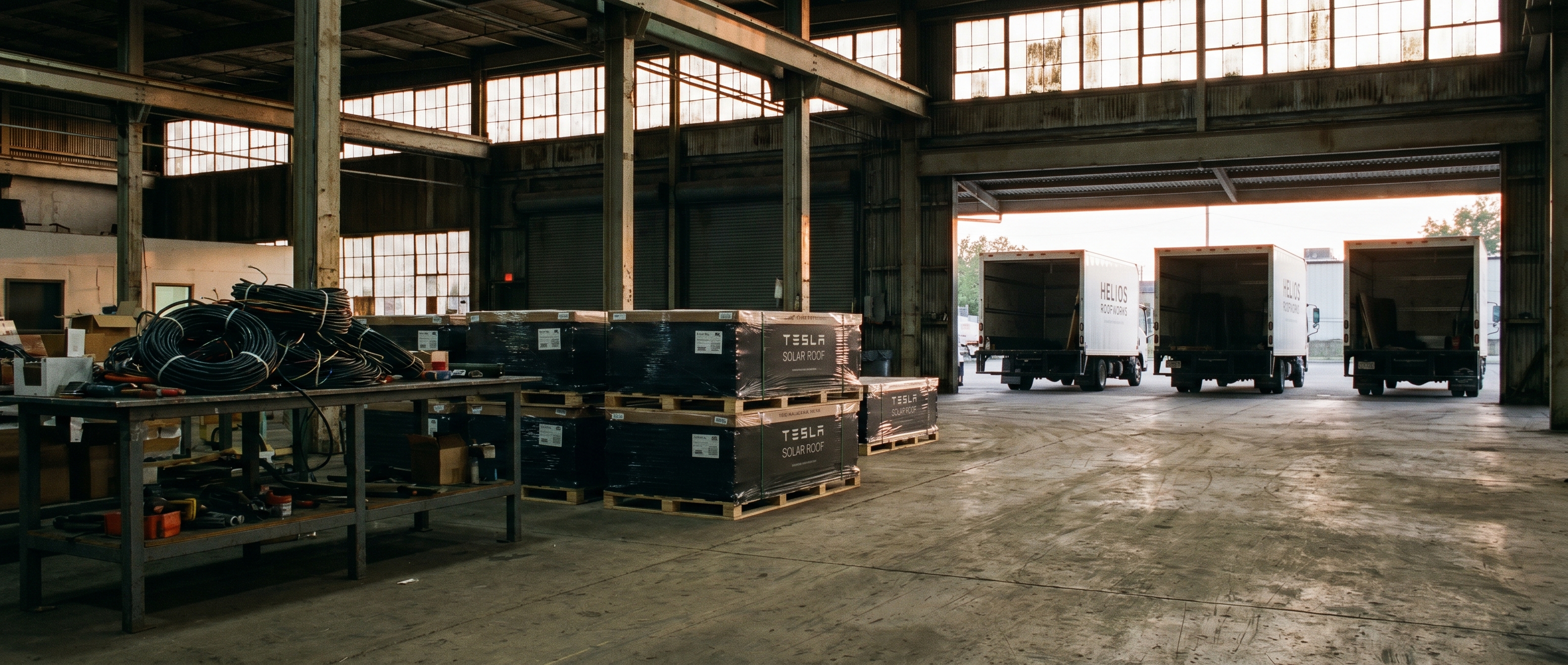 Helios warehouse interior at end of day — Tesla Solar Roof pallets, three box trucks, soft afternoon light.