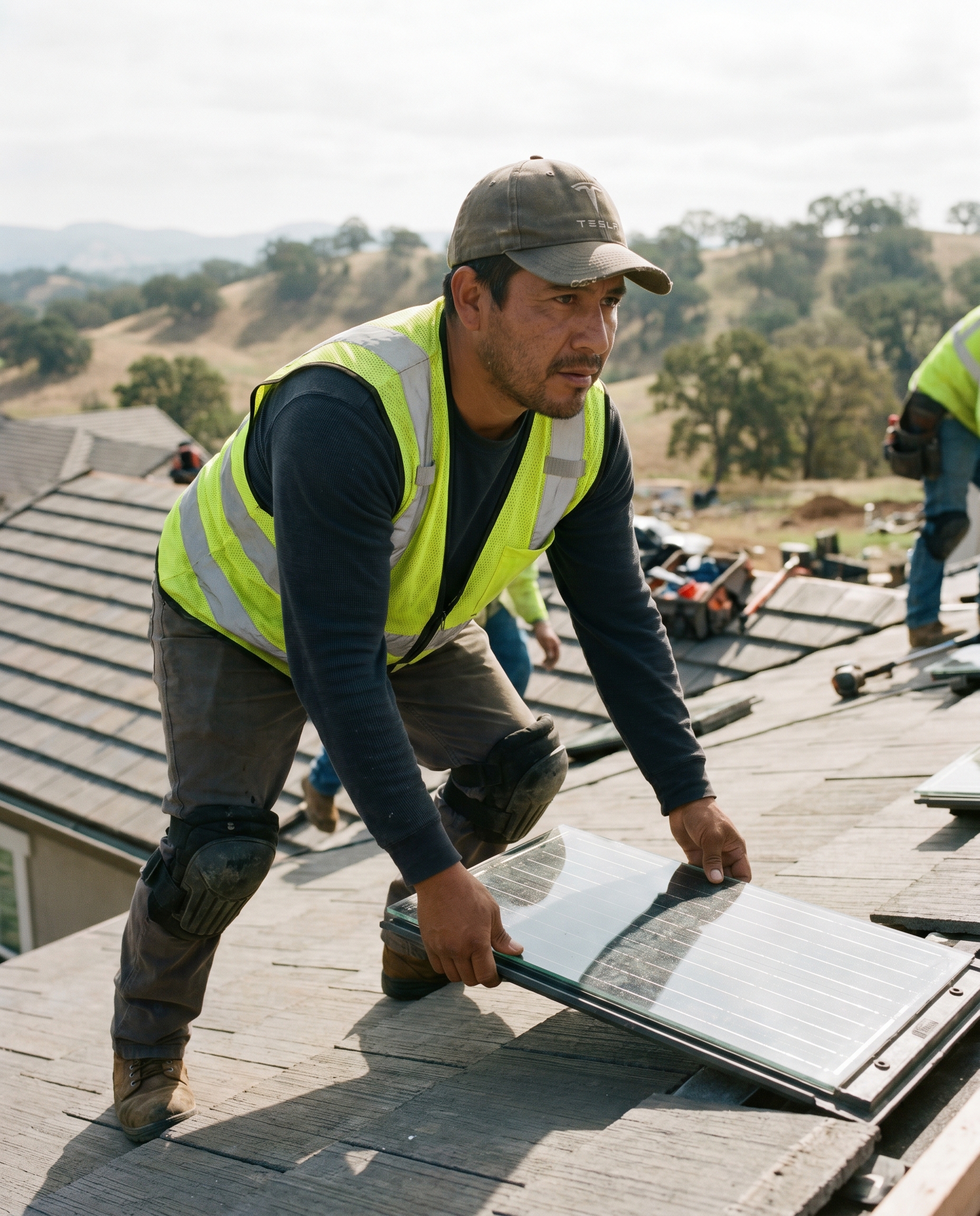 Marcus Delgado on a Tesla Solar Roof installation in El Dorado Hills, positioning a V3 tile mid-action.
