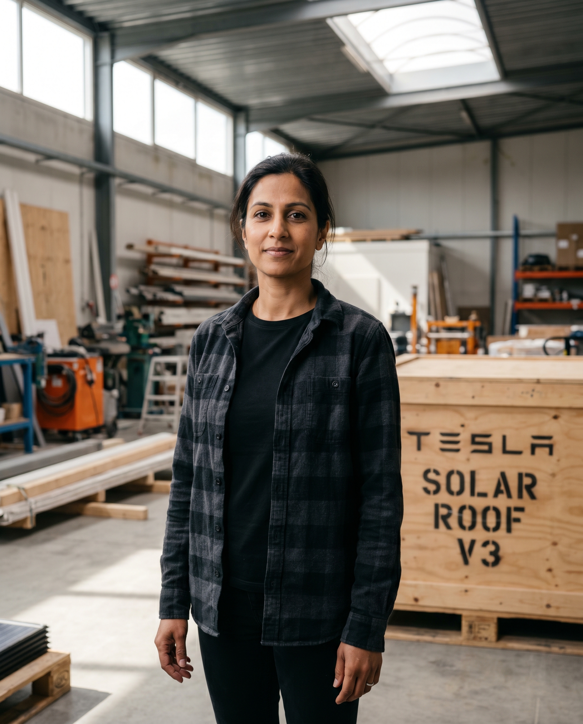 Documentary portrait of Priya Achterberg in the Helios Sacramento warehouse, standing in front of a Tesla Solar Roof pallet.