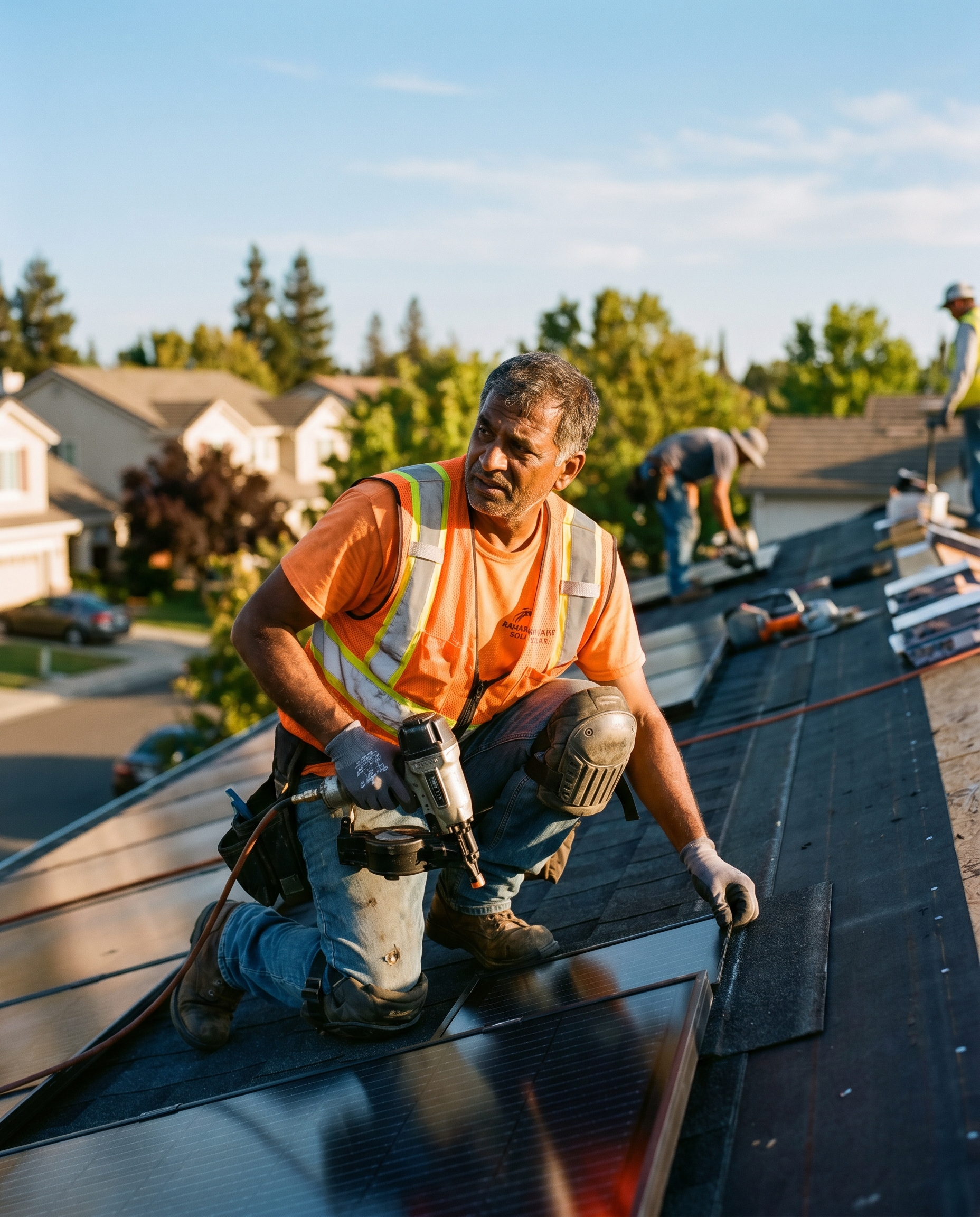 Documentary portrait of Theo Ramaswamy on a partially-installed GAF Timberline Solar roof in Roseville, mid-action with a nail gun.