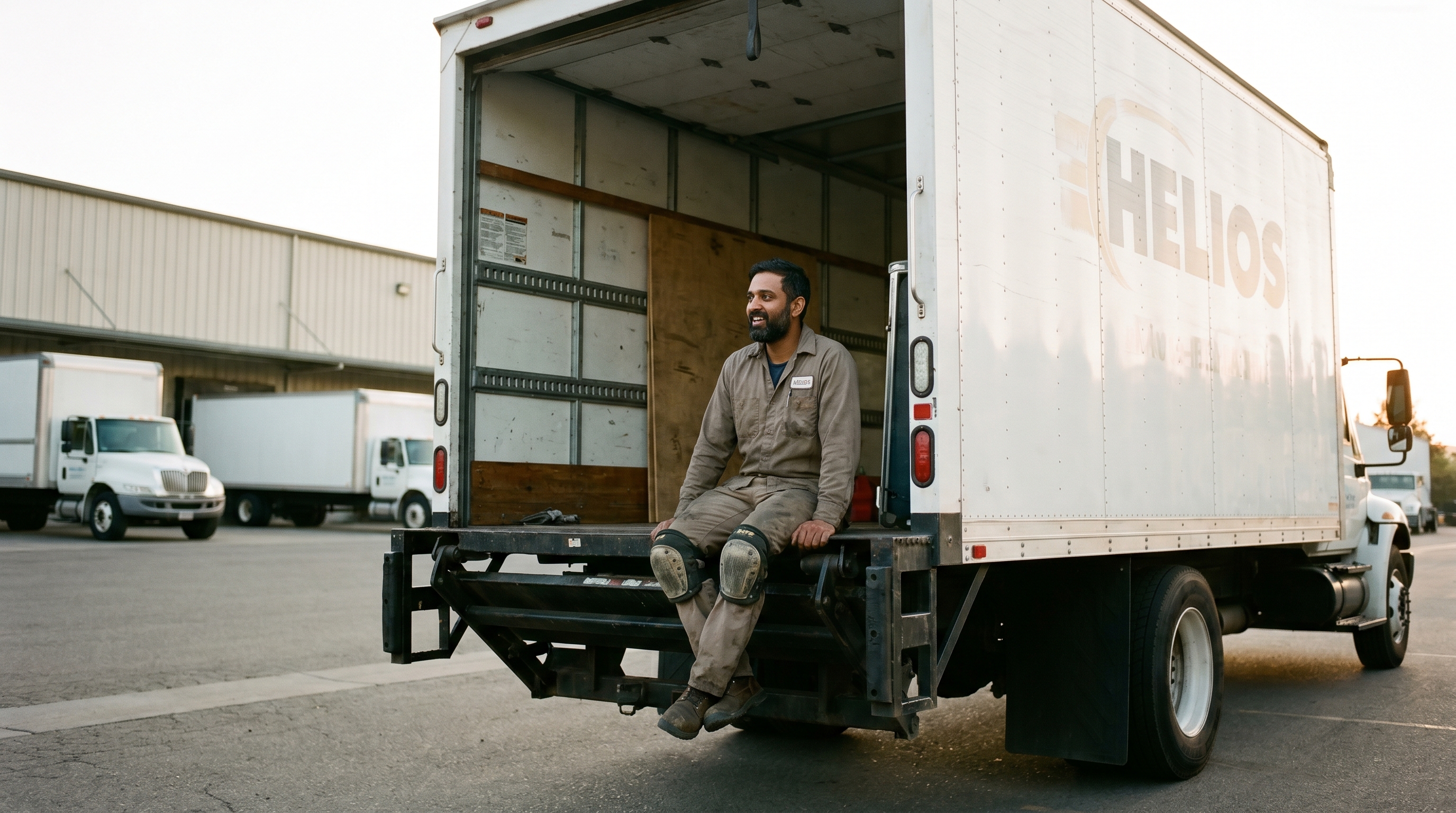 Theo at the front edge of the Helios warehouse, leaning against the open back of a box truck, mid-conversation.