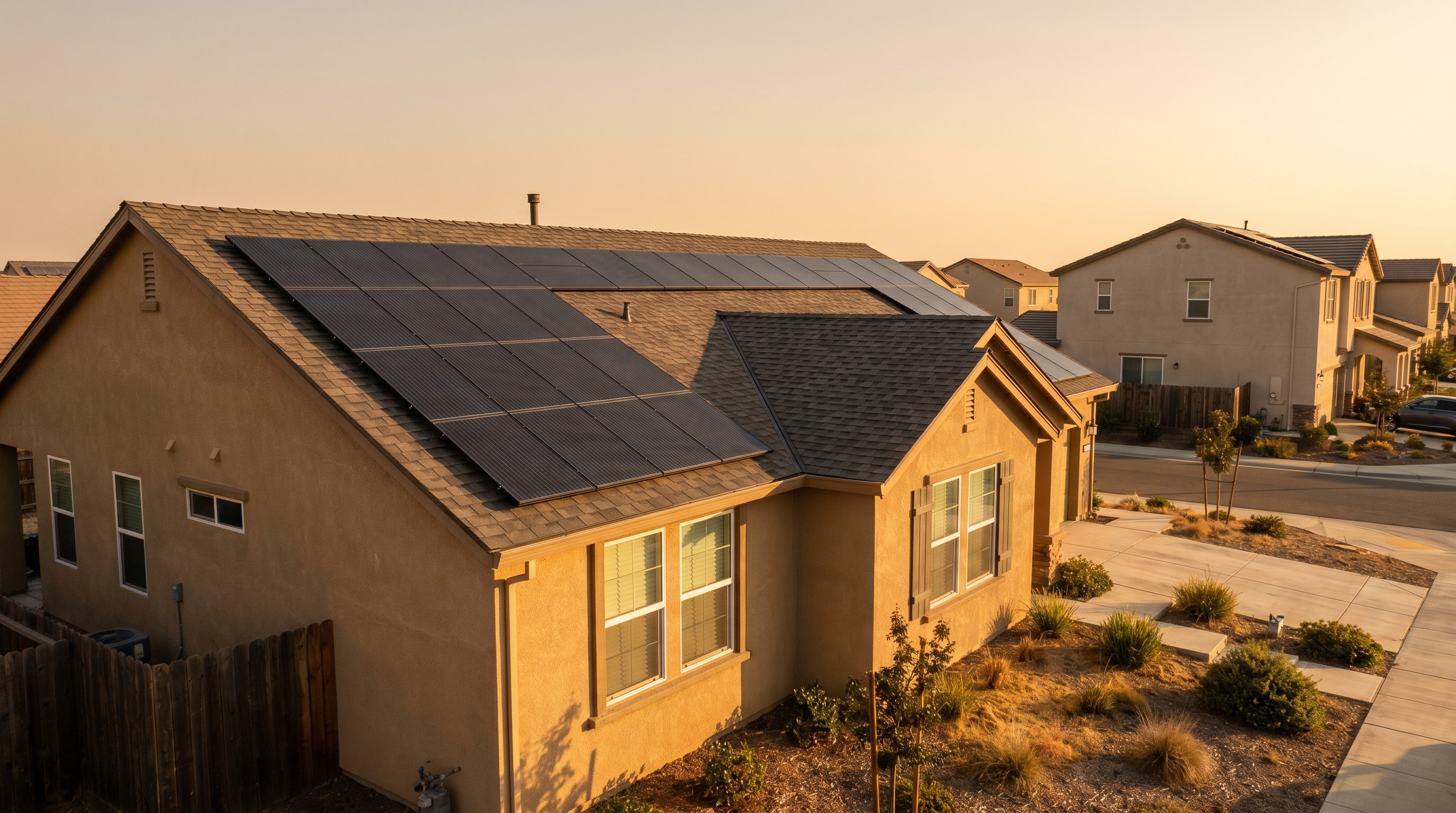 Completed GAF Energy Timberline Solar installation on a 2,200 sqft Roseville suburban home, golden hour.