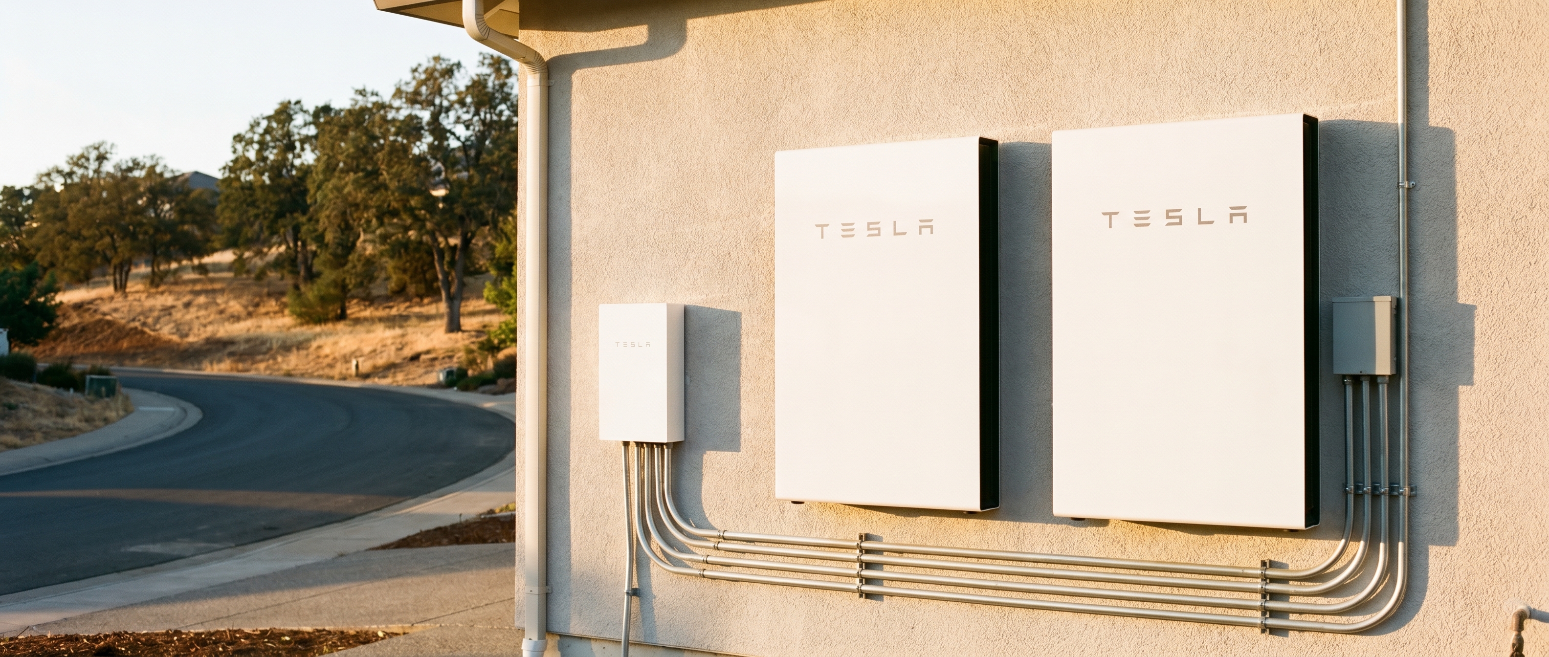 Two Tesla Powerwall 3 battery units mounted on an El Dorado Hills garage wall, golden hour.
