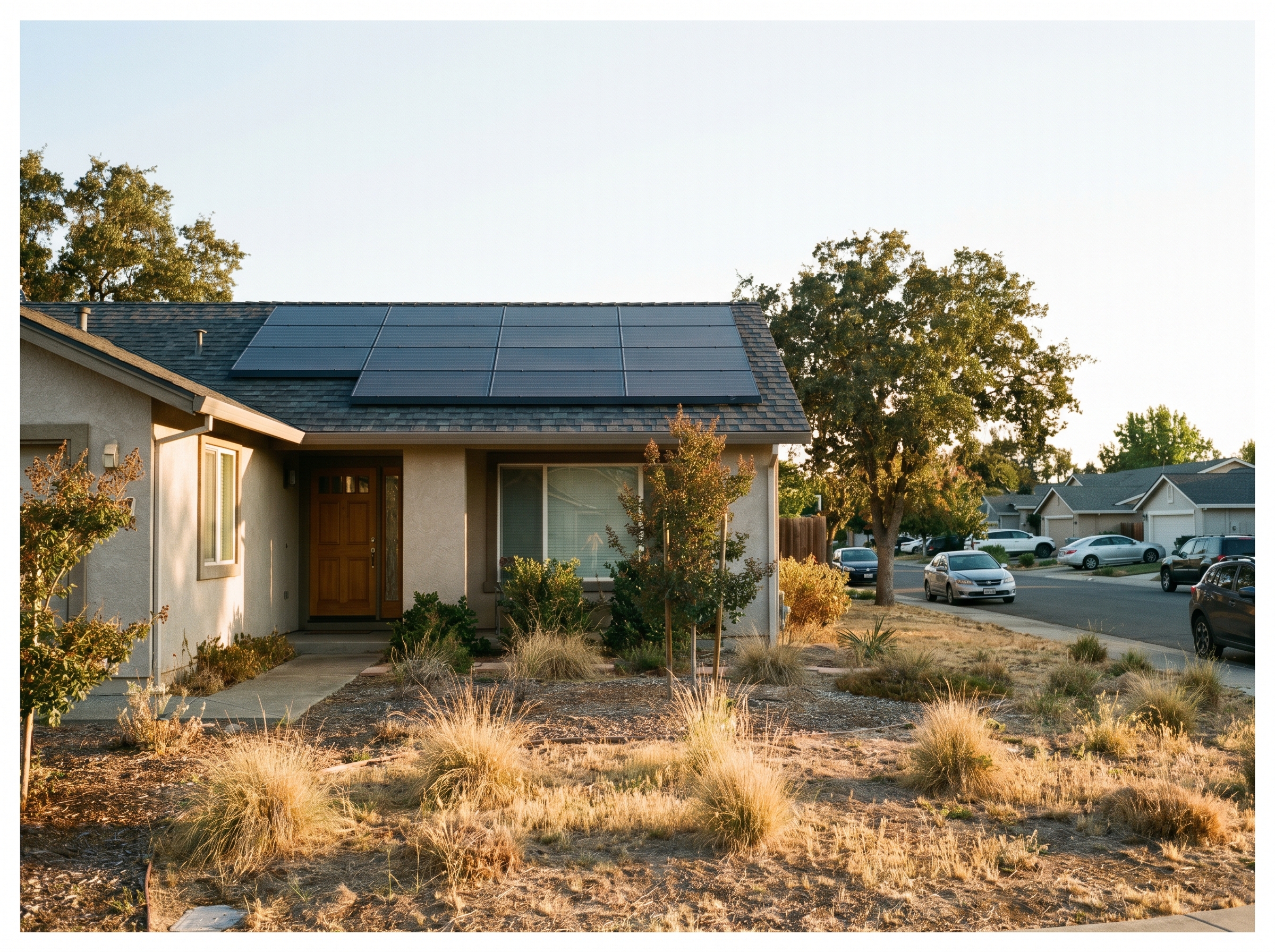 Ground-level wide of a GAF Energy Timberline Solar install on a Roseville ranch.
