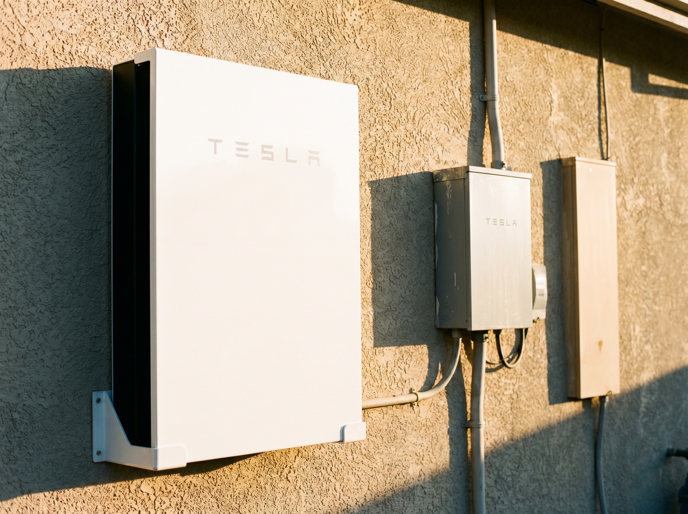 Tesla Powerwall 3 and Energy Gateway mounted on a Folsom garage wall, golden hour.
