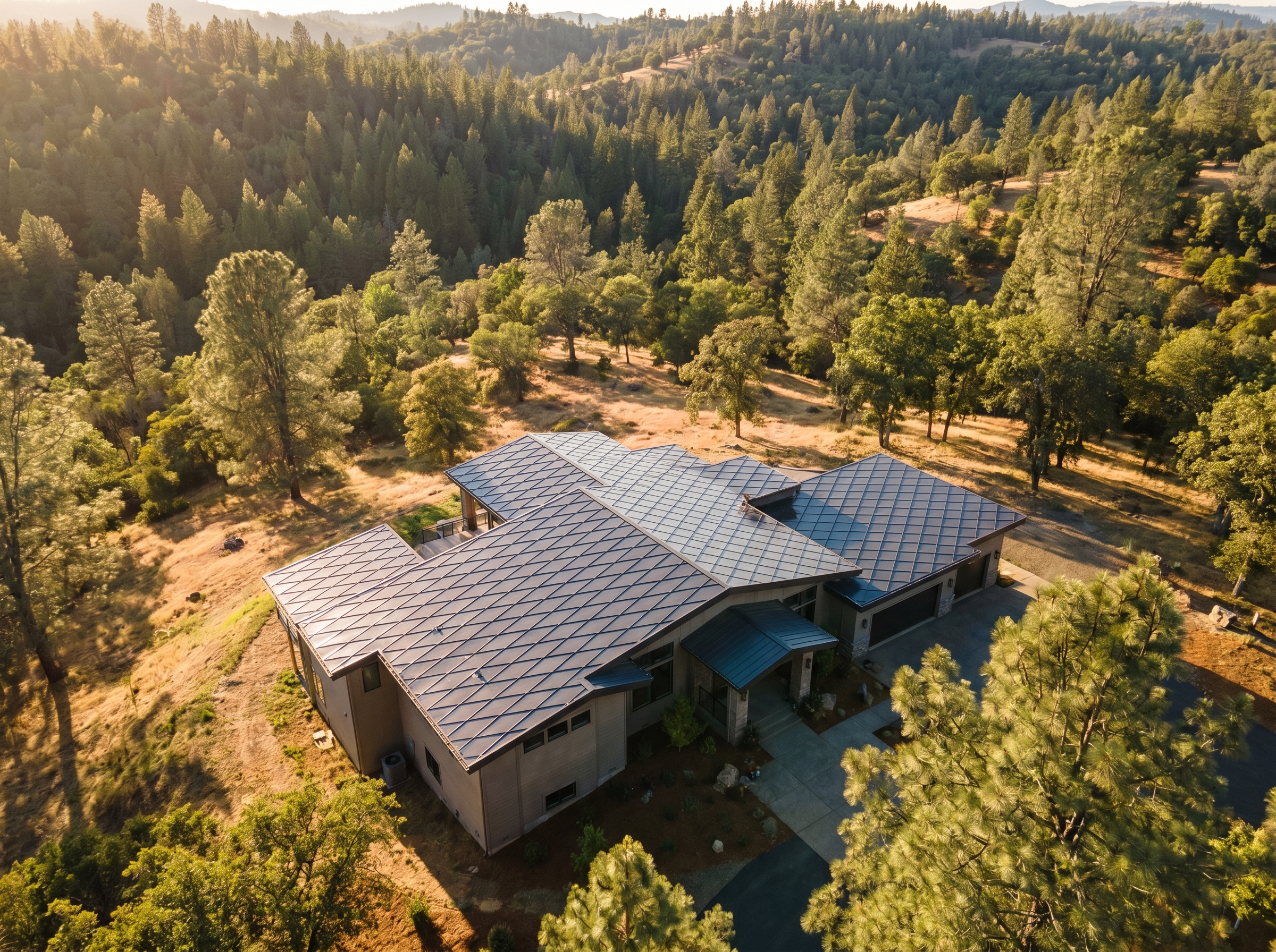 Drone aerial of a SunStyle install on an Auburn modern home, pine forest background.