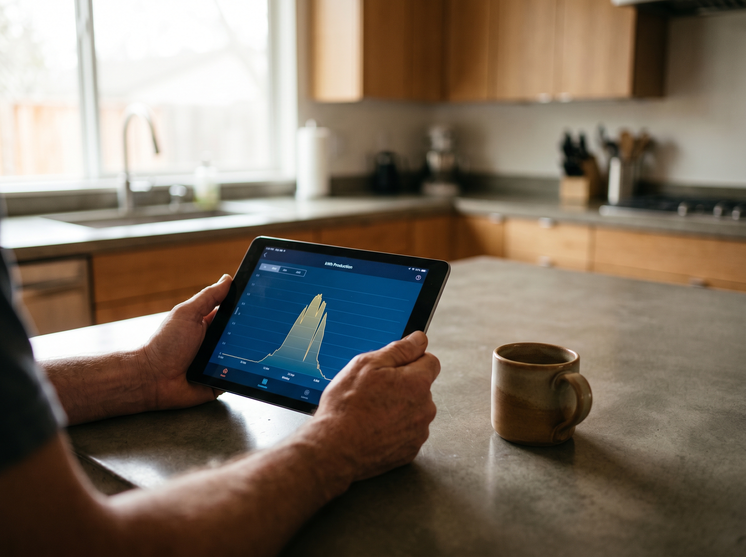 Tesla app on a homeowner's iPad showing live daily production data, kitchen counter setting.