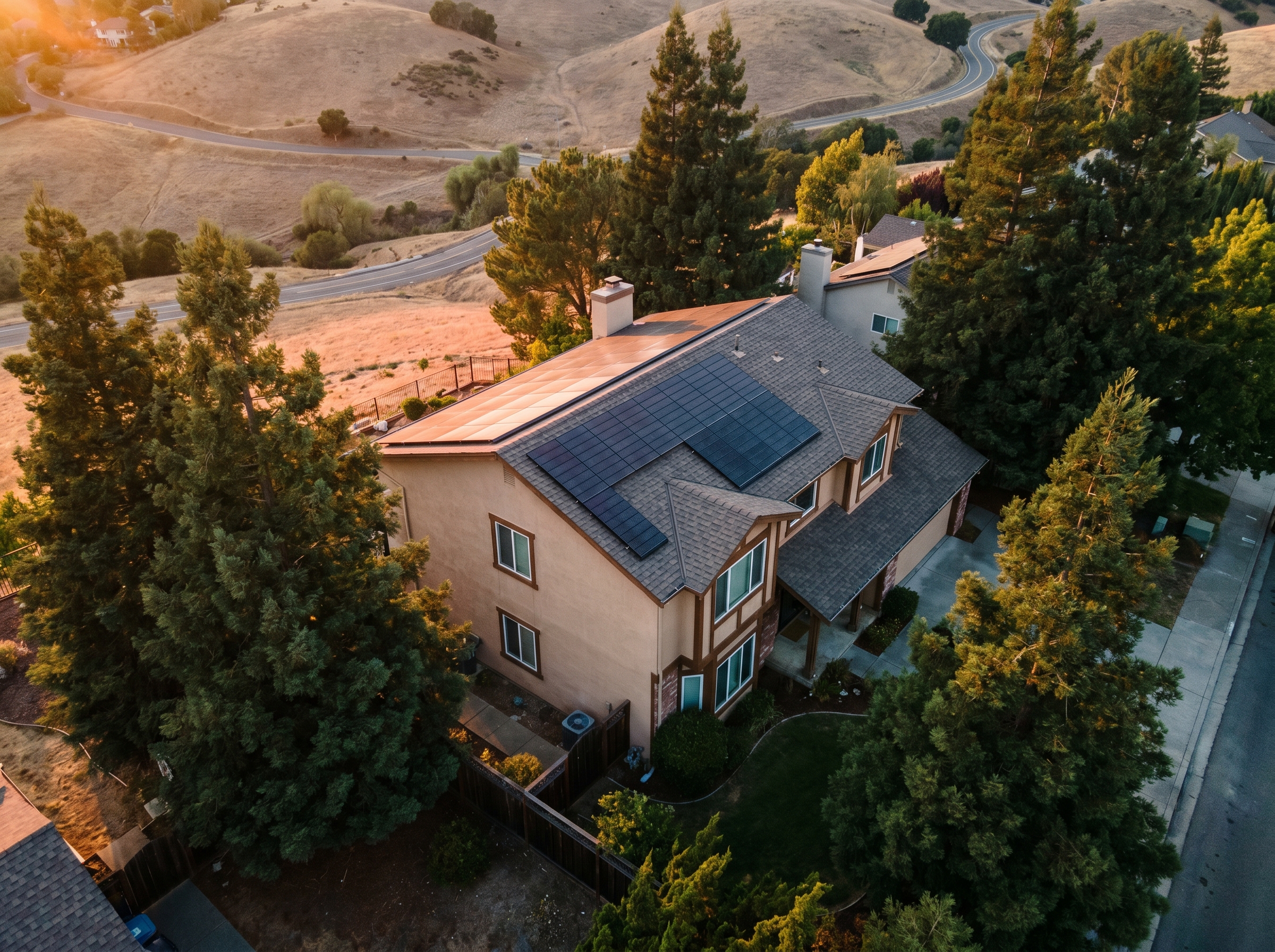 Drone aerial of a Walnut Creek 1990s home with finished GAF Timberline Solar installation.