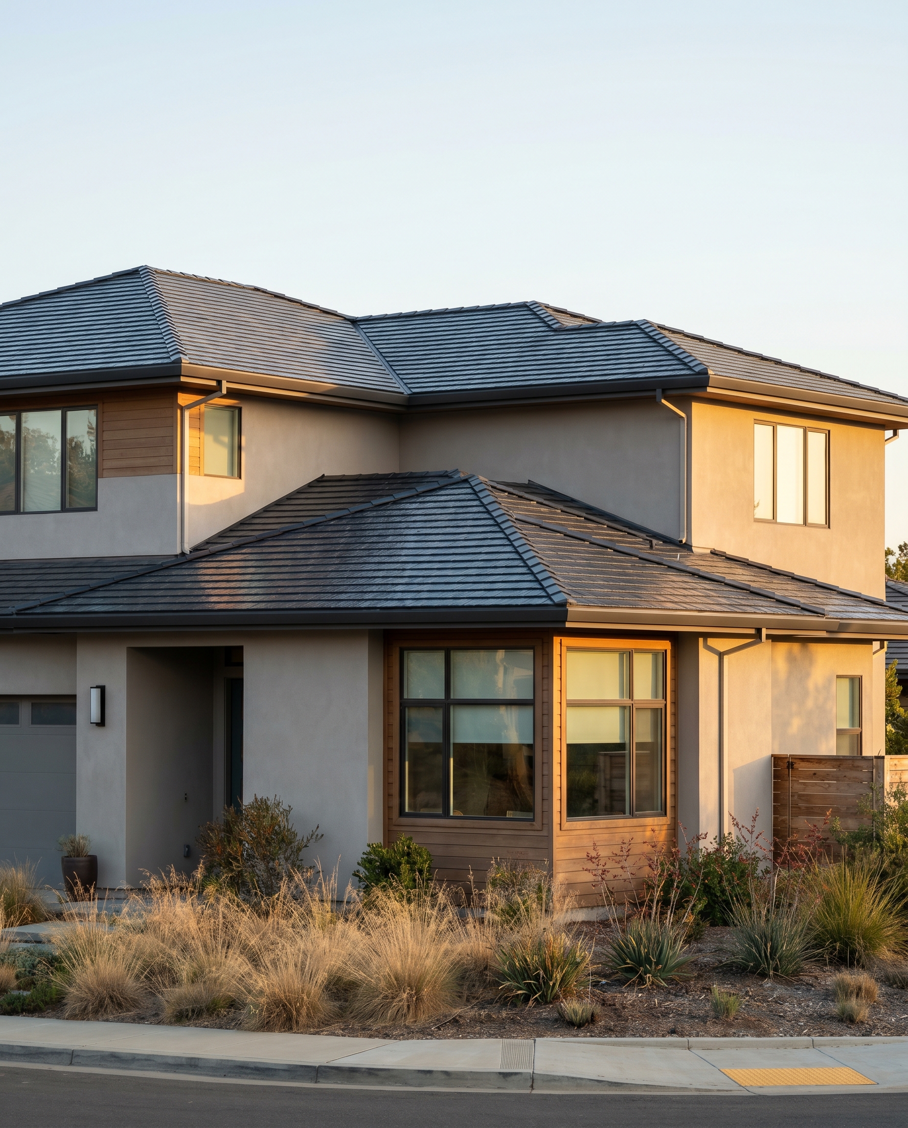 Tesla Solar Roof V3 textured glass tile field on a Folsom modern home.