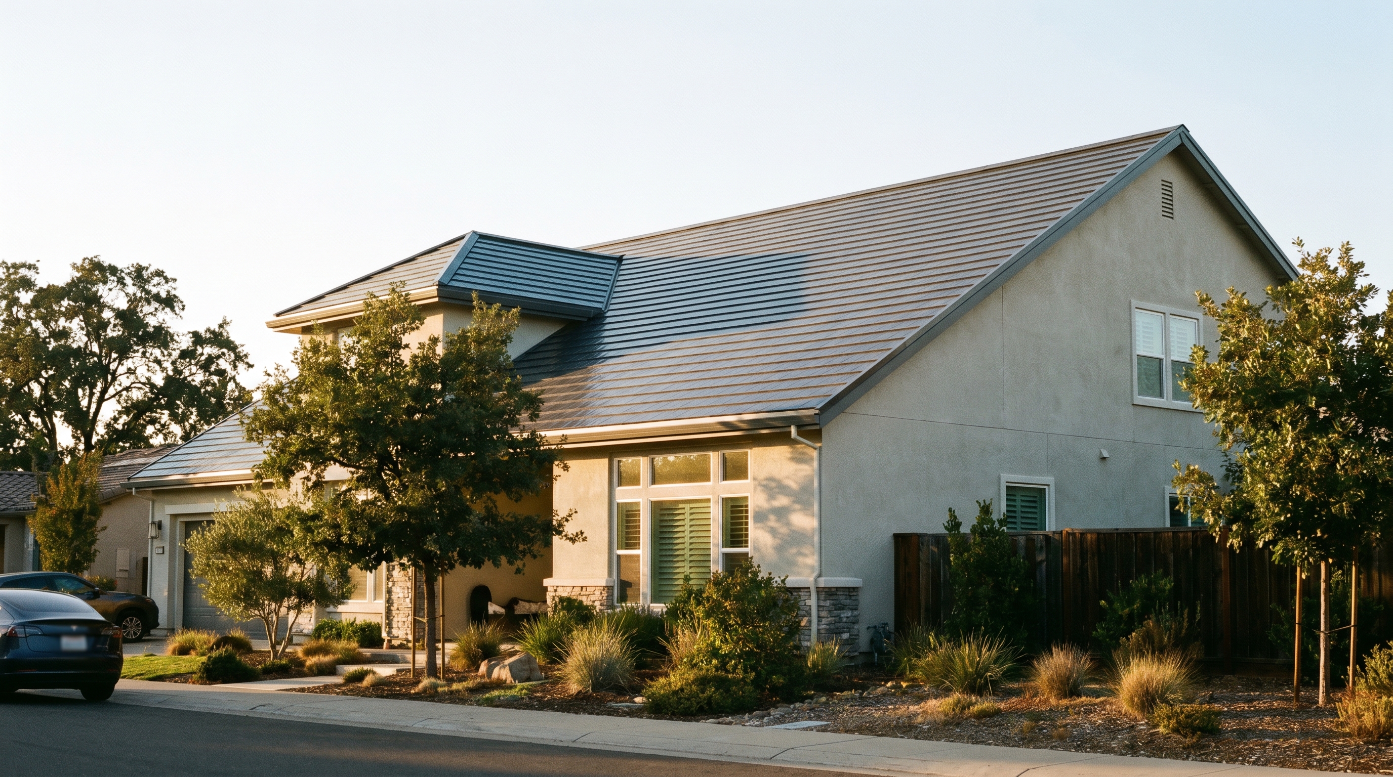 Completed Tesla Solar Roof V3 installation on a 2-story Folsom modern home, golden hour.