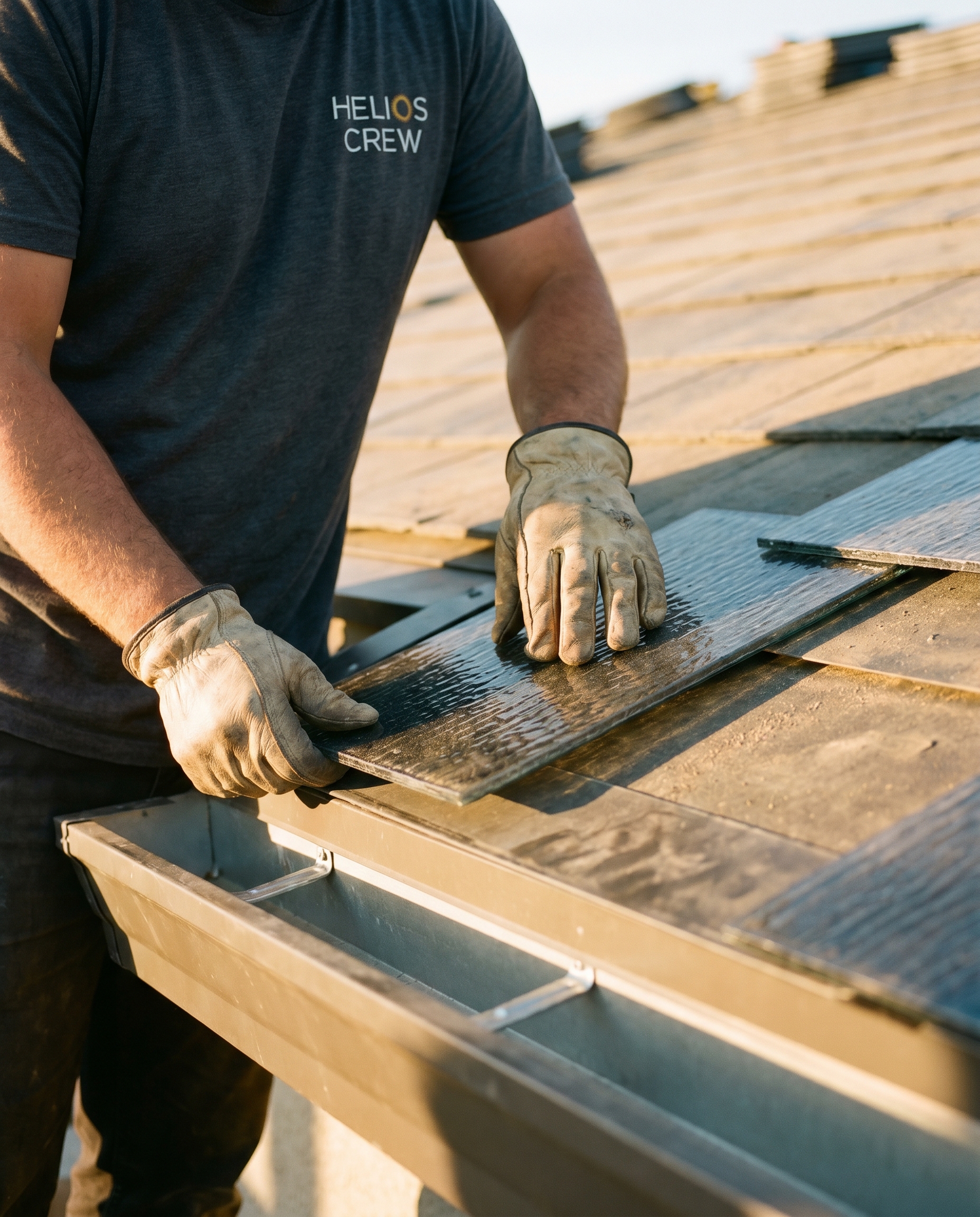 Helios crew member mid-installation on a Tesla Solar Roof V3 in El Dorado Hills, eave drip-edge integration visible.